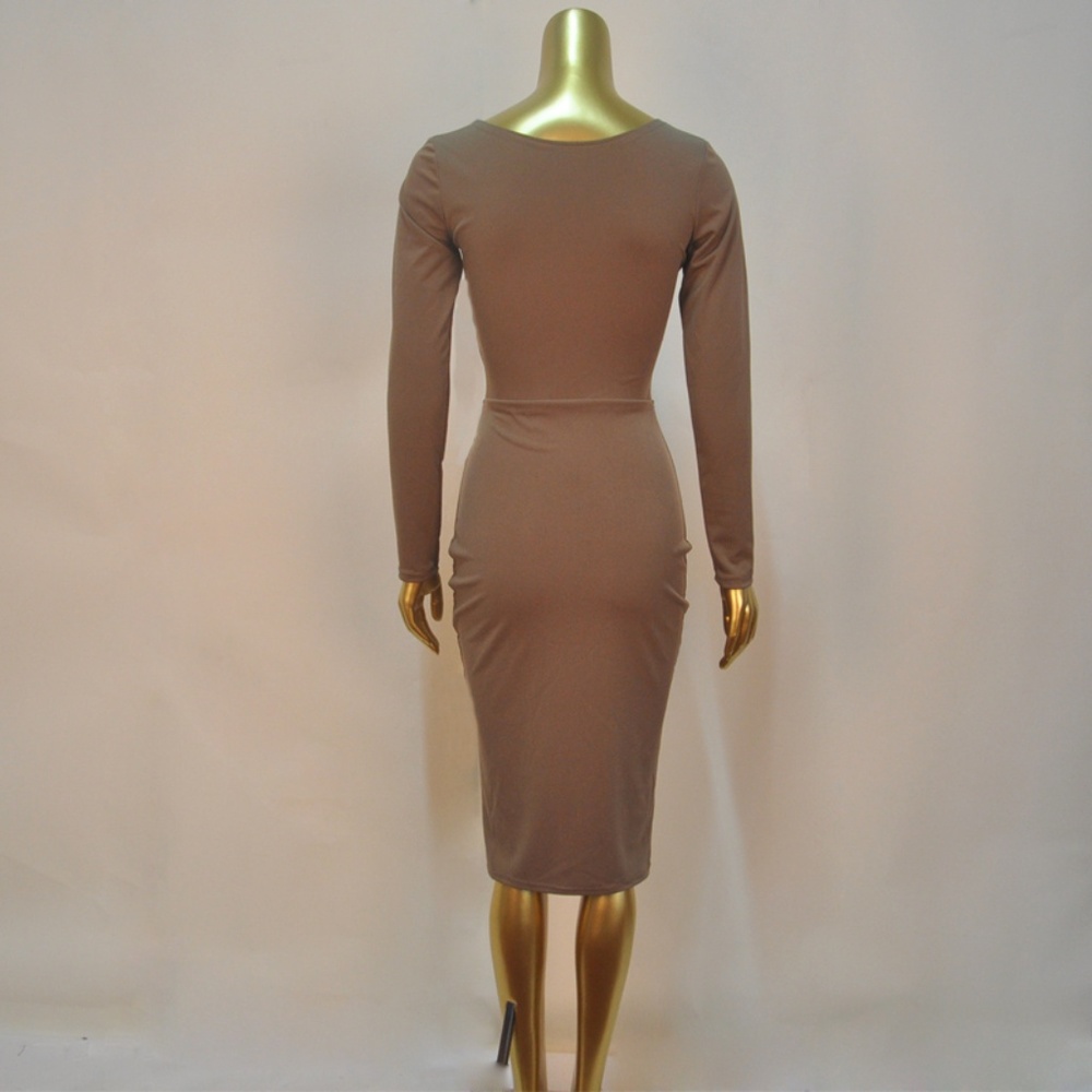 Long Sleeve Khaki HALTER Skirt MIDI Dress - Picture 4 of 6